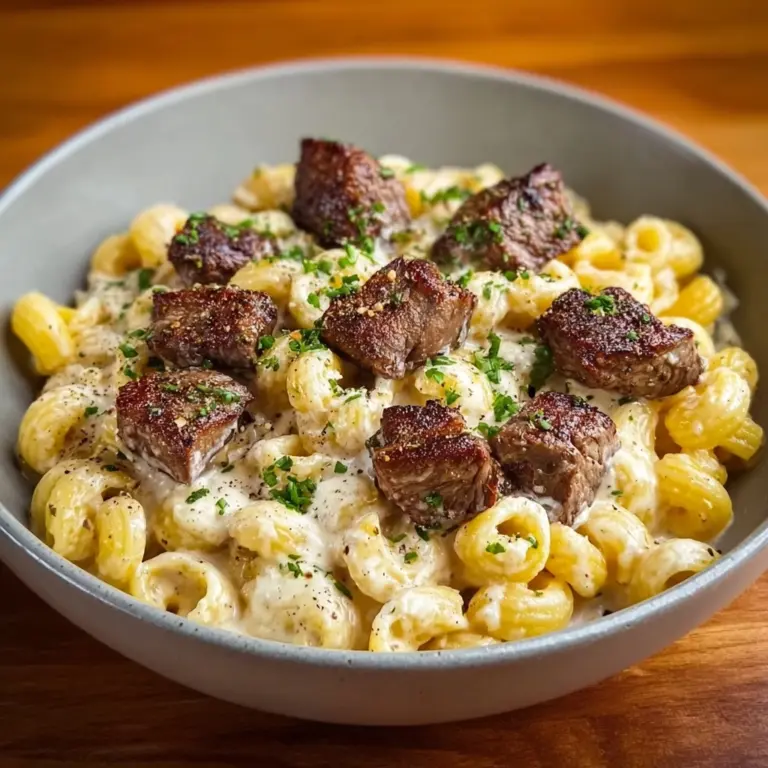 Steak Bites and Shell Pasta in Garlic Butter Alfredo Sauce Recipe