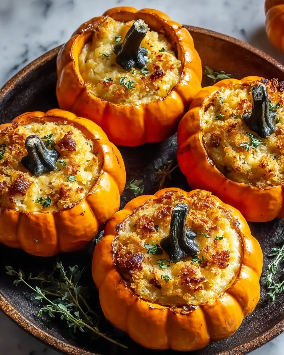 Four small bright orange pumpkins are hollowed out and filled with a creamy, golden-yellow mixture topped with a browned, slightly crispy layer of stuffing that looks soft inside. Each pumpkin has its dark green stem in the center, and small bits of green herbs are sprinkled on the stuffing. They are arranged in a round dark pan with a textured surface, placed on a white marbled background. Photo taken with an iphone --ar 4:5 --v 7