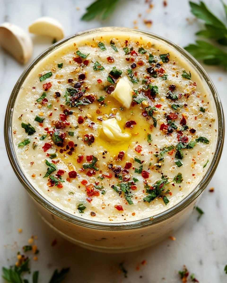 The image shows a close-up view of a clear glass jar filled with a thick, textured yellow-brown sauce. The sauce has small bits visible inside it, and on the surface, finely chopped green herbs and small red chili flakes are scattered. The sauce appears oily in parts, with some tiny white pieces adding texture. The jar is placed on a white marbled texture, with some blurred green herbs in the background. photo taken with an iphone --ar 4:5 --v 7