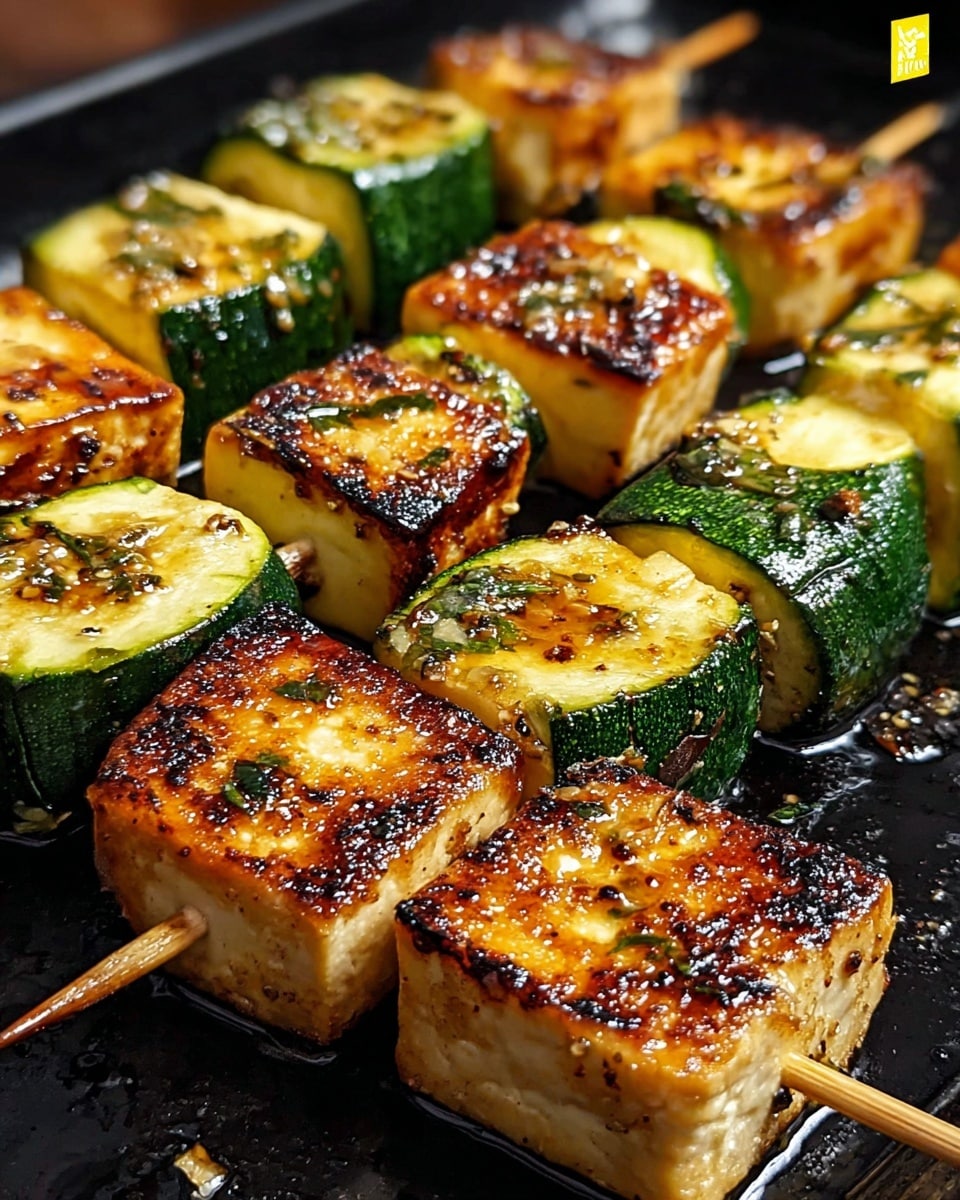 The image shows close-up grilled skewers with two layers per piece, alternating between thick, golden-brown tofu cubes with a charred, slightly crispy texture and bright green zucchini slices with light grill marks. The tofu has a shiny, glistening surface with black pepper and small bits of herbs on top, while the zucchini edges appear fresh and firm. The skewers rest on a hot black grill plate with small oil bubbles and charred bits visible around them. photo taken with an iphone --ar 4:5 --v 7