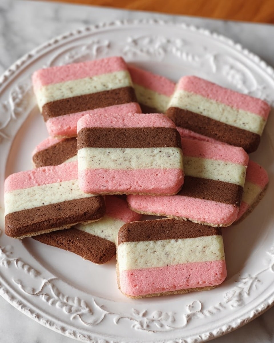 A white plate with decorative edges holds a neat pile of rectangular layered cookies. Each cookie has three clear layers: a pink layer on the top and bottom with a soft texture, a white middle layer speckled with grains or seeds, and a smooth dark brown layer right next to the white layer on one side. The cookies are stacked so the layers line up well and some cookies are slightly spread out on the plate. The whole scene is set on a white marbled surface showing a warm, cozy atmosphere. photo taken with an iphone --ar 4:5 --v 7