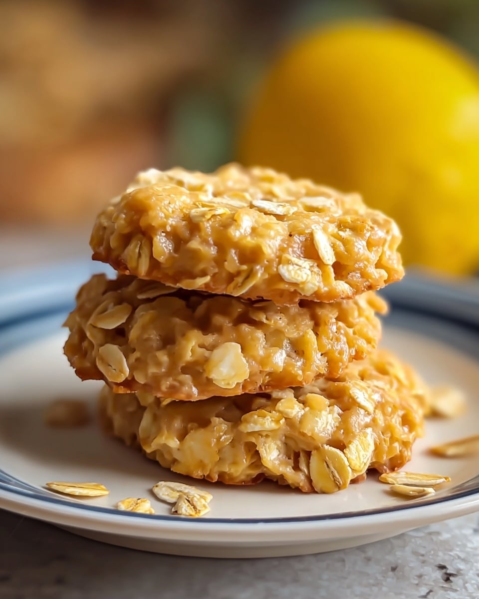 The image shows a small stack of three round, pale golden oat cookies with visible oat flakes on their rough textured surfaces. The cookies have a slightly chunky look and are placed on a white plate with blue stripes around the edges. The plate sits on a white marbled textured surface, and a yellow lemon is softly blurred in the background on the right side. The lighting makes the oats slightly shiny, giving the cookies an inviting look. photo taken with an iphone --ar 4:5 --v 7