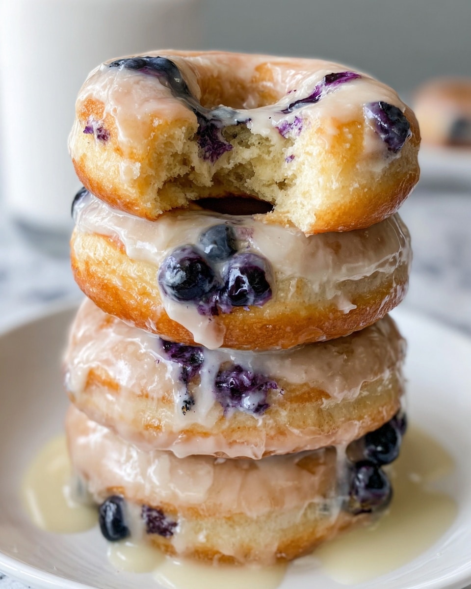 A stack of four glazed blueberry donuts sits on a white plate, placed on a white marbled surface. The donuts are light golden brown with soft textures, showing purple blueberry pieces scattered mainly near the top edge. The glaze is shiny, creamy white, dripping slightly down the sides and pooling a little on the plate. The top donut is broken in half, revealing a fluffy, light golden inside with blueberry bits inside. The overall look is warm, fresh, and appetizing with smooth glazed surfaces and soft donut interiors. photo taken with an iphone --ar 4:5 --v 7