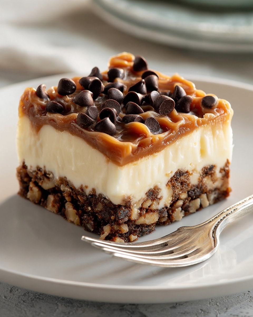 A square piece of dessert with three visible layers sits on a white plate on a white marbled texture. The bottom layer is a dark brown crust with small chunks of nuts, rough and crumbly in texture. The middle layer is thick and creamy, off-white in color with a smooth surface. The top layer is a mix of gooey caramel and small dark chocolate chips scattered evenly, giving a shiny and slightly bumpy appearance. Next to the dessert, a shiny silver fork rests on the plate. photo taken with an iphone --ar 4:5 --v 7