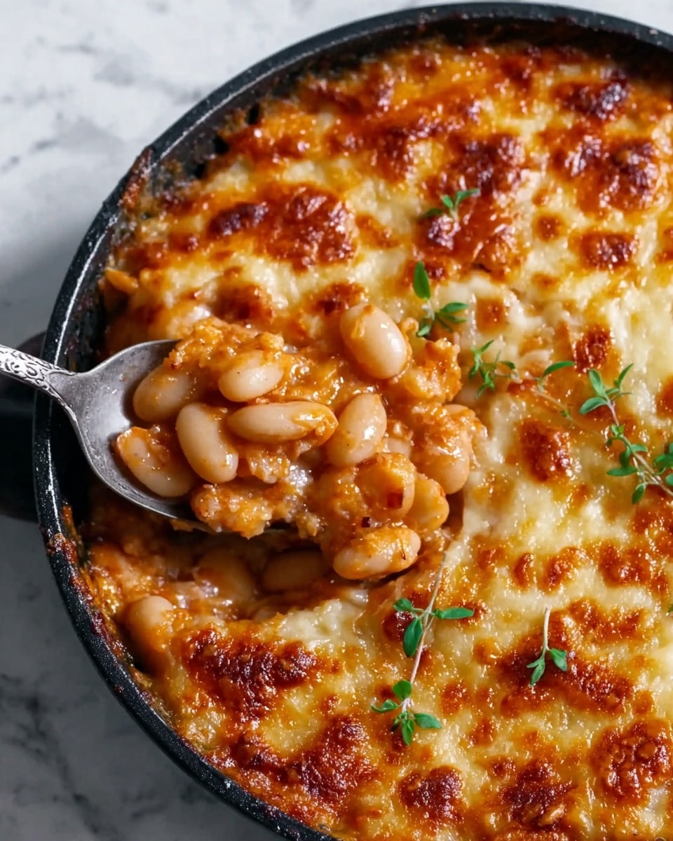 The dish is a baked casserole served in a round black skillet placed on a white marbled surface. The top layer is golden brown melted cheese with browned spots, giving a crispy texture. Underneath the cheese, there are tender white beans in a thick, orange-colored sauce, mixed with soft, crumbled pieces that look like cooked tofu or cheese. Small green herb sprigs are scattered on top for garnish. A spoon rests inside the skillet, scooping some of the baked beans and sauce, showing the gooey inside. Photo taken with an iphone --ar 4:5 --v 7