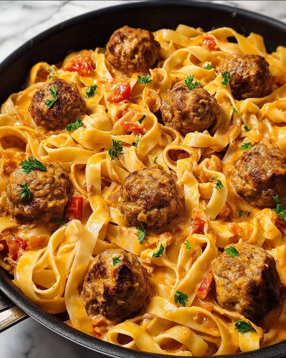 The image shows a close-up of a pan filled with creamy pasta and meatballs. The pasta is wide, flat noodles coated in a rich orange sauce with small bits of red tomato visible. There are about ten round meatballs scattered evenly on top of the pasta, each browned on the outside with a textured, slightly glossy surface. Small green parsley leaves are sprinkled throughout the dish, adding a fresh touch of color. The black pan contrasts with the creamy pasta and sauce. The background is changed to a white marbled texture. photo taken with an iphone --ar 4:5 --v 7