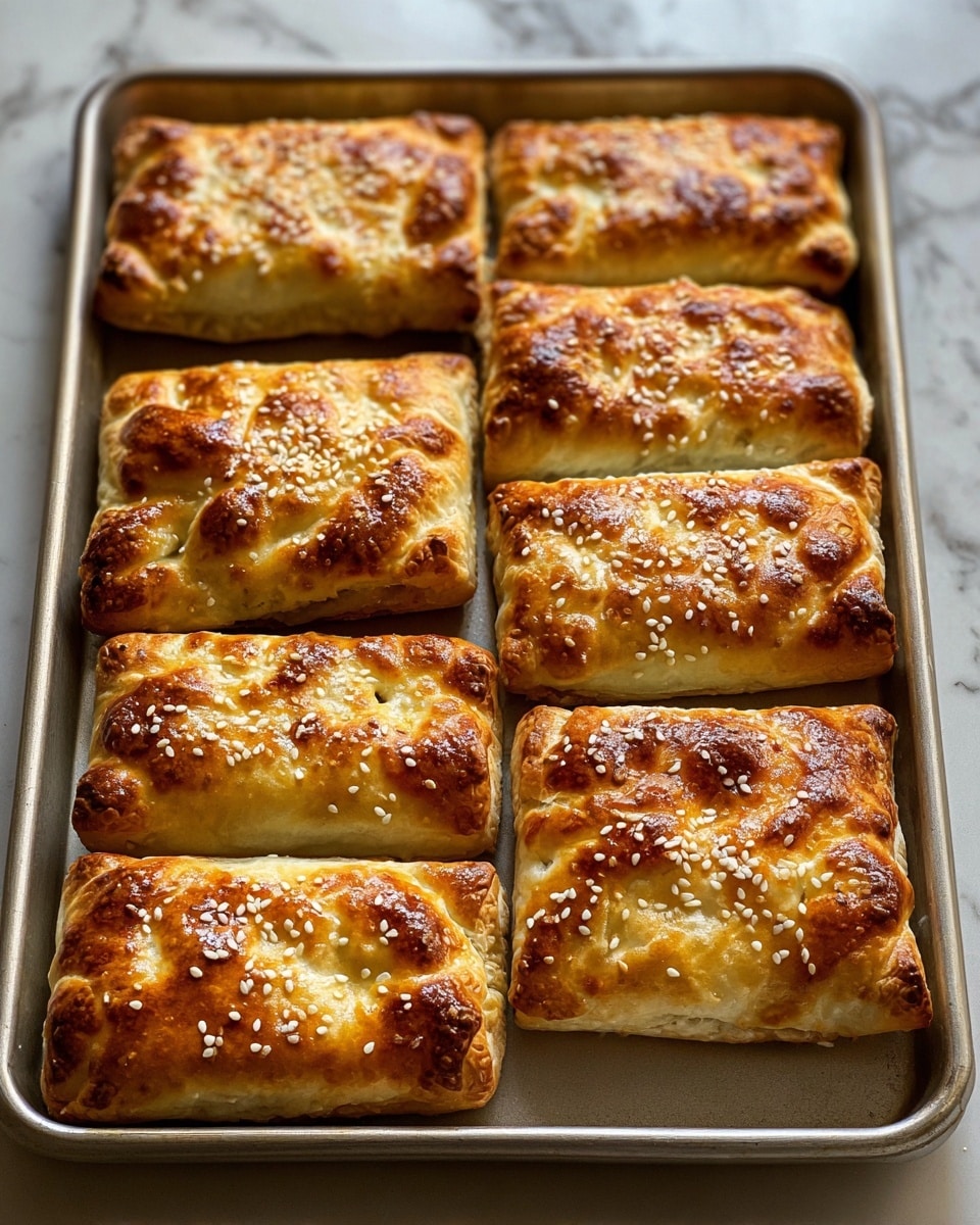 A close-up view of eight golden brown baked pastries arranged in two rows on a metal baking tray. Each pastry is rectangular with a slightly puffy, crispy crust that shows bubbles and light browning, topped with scattered white sesame seeds. The pastries have folded edges, and the baked surface has a shiny texture with a mix of lighter and darker golden patches. The tray rests on a white marbled surface, adding a clean and bright background to the warm-toned pastries. photo taken with an iphone --ar 4:5 --v 7