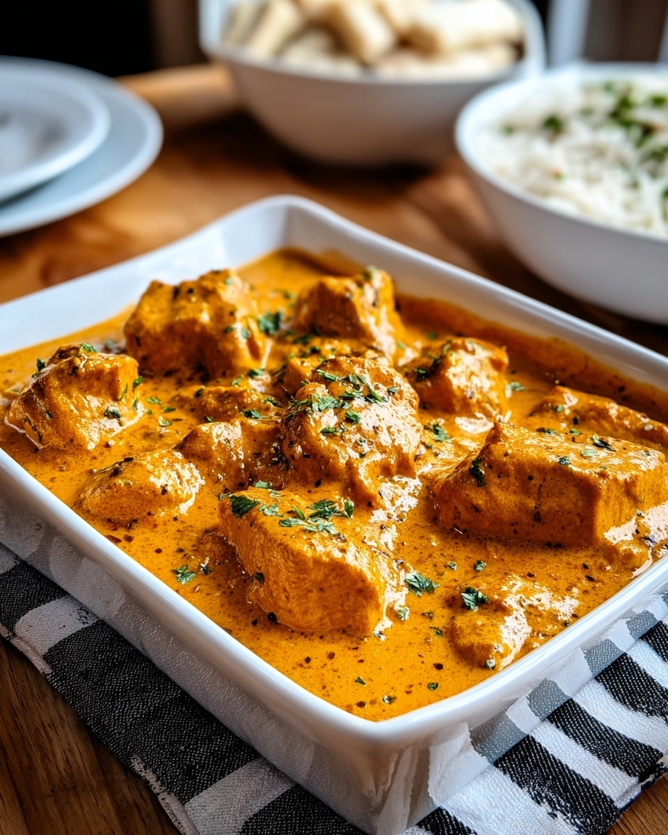 A white rectangular dish filled with a thick, creamy orange sauce covering medium-sized chicken pieces that have a slightly textured surface. The sauce has a smooth yet rich texture with specks of black spices scattered throughout. Small green herbs are sprinkled on top, adding contrast and freshness. The dish sits on a folded black and white striped cloth on a wooden surface. In the blurred background, there are white plates filled with bread or rice. photo taken with an iphone --ar 4:5 --v 7