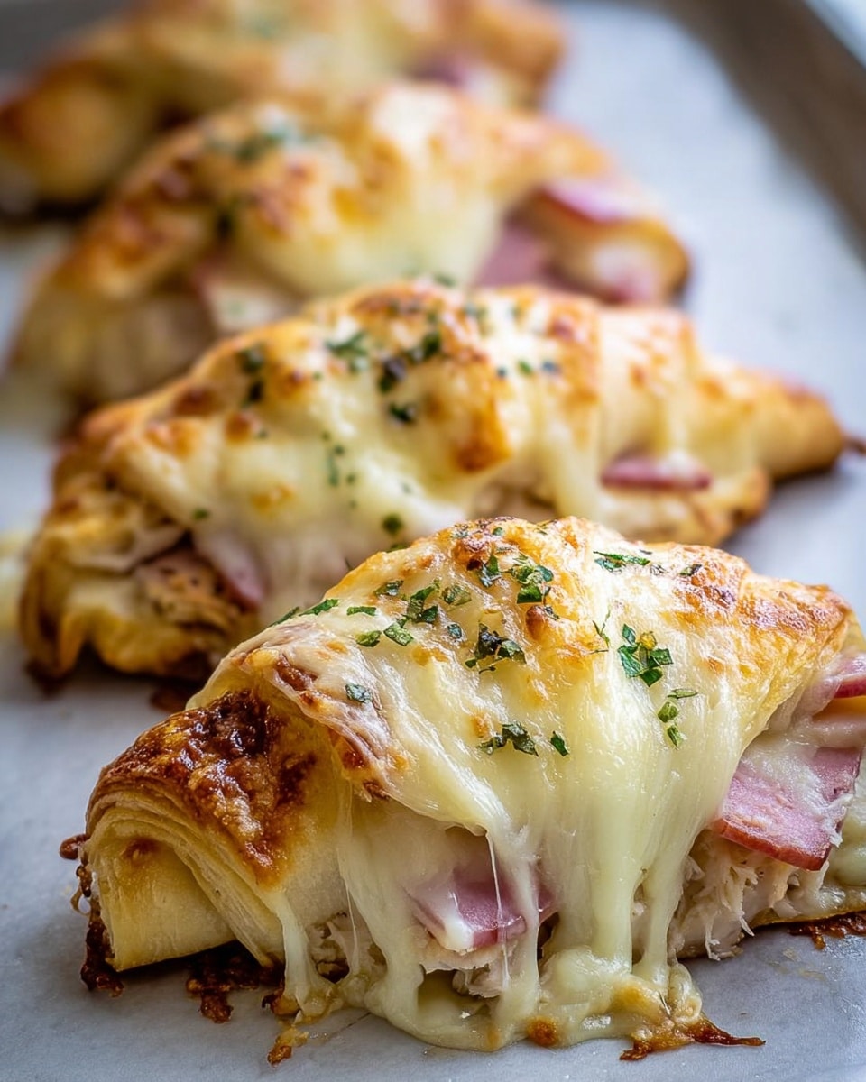 The image shows a close-up of several folded crescent rolls arranged in a row on a baking sheet. Each roll has three visible layers: the base is a light golden croissant dough, the middle consists of pinkish ham slices and light-colored melted chicken pieces, and the top layer is thick melted cheese with browned spots and sprinkled with small green herbs. The cheese drips slightly over the edges, making the rolls look gooey and soft. The background is a white marbled texture. Photo taken with an iphone --ar 4:5 --v 7
