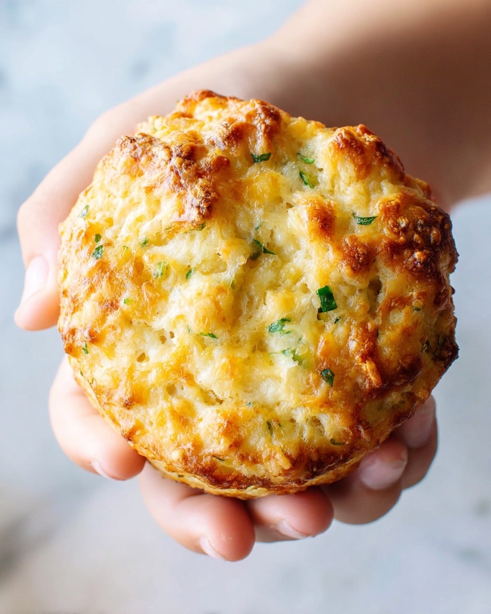 A golden brown baked biscuit with a rough, crispy top layer showing melted cheese and small green herb pieces scattered throughout, creating a textured and slightly uneven surface. The biscuit is round and thick, held gently by a woman's hand, with the soft lighting highlighting its warm, crispy edges and tender inside visible through small cracks. The background is a soft white marbled texture, giving a clean and bright look to the image. photo taken with an iphone --ar 4:5 --v 7