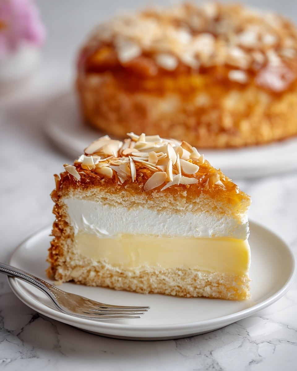 A single slice of cake sits on a white plate with a small fork beside it. The cake has four visible layers: the bottom layer is a light, crumbly crust; above it is a pale yellow, smooth custard layer; followed by a thick white creamy layer; topped with a golden-brown textured layer that looks like toasted shredded pastry or coconut; and the whole slice is covered in a shiny amber glaze sprinkled with thinly sliced toasted almonds. In the background, there is a larger round cake of the same kind on a white plate, all set on a white marbled textured surface. Photo taken with an iphone --ar 4:5 --v 7