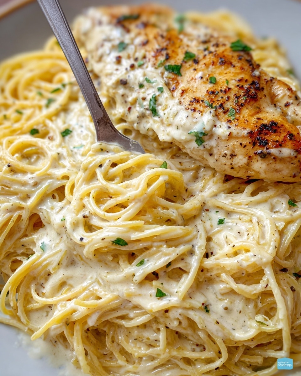 A close-up image shows a white plate filled with thin spaghetti noodles coated in creamy white sauce. On top of the pasta lies one golden-brown grilled chicken breast seasoned with black pepper and small green herb pieces scattered over the dish. The sauce looks smooth and thick, pooling slightly under the pasta. A silver fork holds a small twisted bundle of noodles dipped in the creamy sauce near the center bottom, with the texture of the pasta springy and soft. The white marbled surface beneath the plate is softly visible. photo taken with an iphone --ar 4:5 --v 7