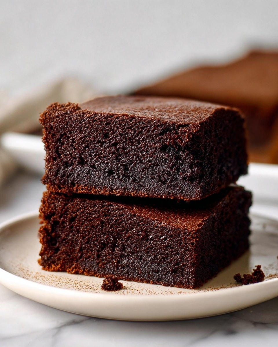 Two thick, square layers of rich, dark chocolate brownie are stacked on a white plate with a slightly raised edge. The brownies have a soft, crumbly texture with tiny air holes and a shiny, slightly moist top layer. The bottom brownie supports the top one steadily, and a few small crumbs are scattered around on the plate. The scene is set against a white marbled surface, creating a clean and simple background. photo taken with an iphone --ar 4:5 --v 7