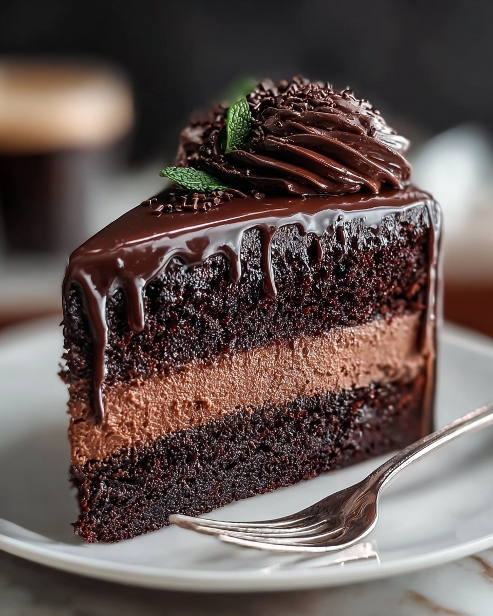 A slice of rich chocolate cake with three visible layers sits on a white plate with a silver fork beside it. The bottom and top layers are dark, moist chocolate cake with a rough texture, while the middle layer is a smooth, lighter chocolate mousse. The top of the slice is covered with shiny, thick chocolate ganache that flows slightly down the side. On top, there is a swirl of dark chocolate frosting with a sprinkling of chocolate crumbs and a small green mint leaf for decoration. The background is softly blurred with dark tones, and the surface under the plate is a white marbled texture. photo taken with an iphone --ar 4:5 --v 7