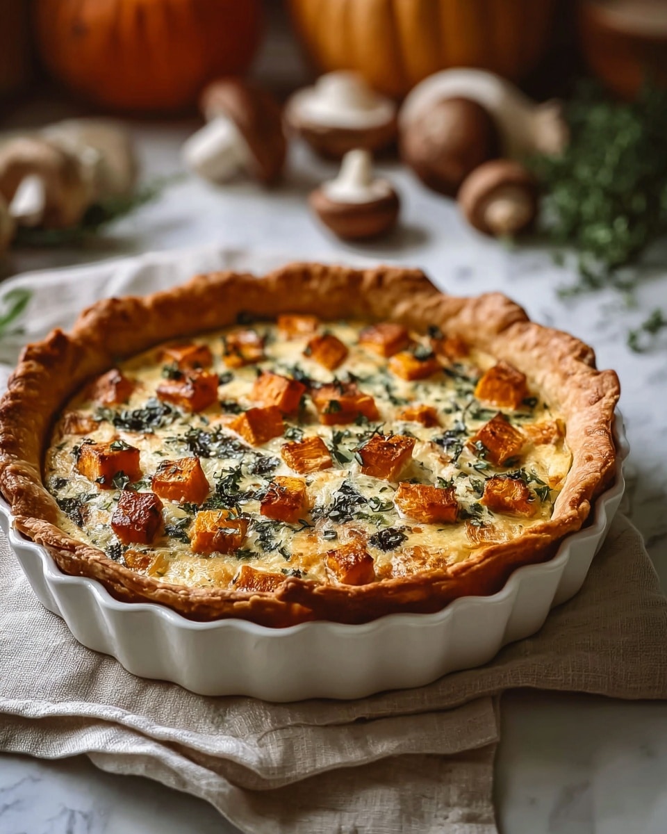 A freshly baked pie with a golden brown crust that is thick and crimped around the edges, sitting in a white fluted ceramic dish. The filling is a creamy pale yellow base with scattered bright orange roasted pumpkin cubes and dark green leafy herbs evenly spread on top. The pie rests on a light beige cloth on a white marbled surface, with a soft focus background showing pumpkins, mushrooms, and green herbs. The scene has warm, natural lighting highlighting the pie’s texture and colors. photo taken with an iphone --ar 4:5 --v 7