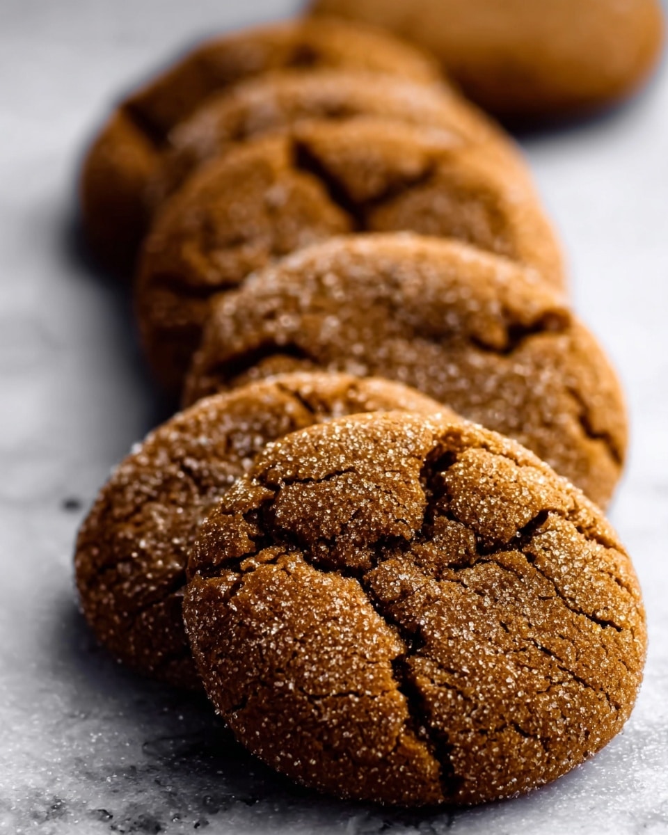 The image shows a close-up view of seven brown, round cookies arranged in a single row that goes diagonally from the bottom left to the top right of the frame. The cookies have cracked surfaces with a slightly rough texture and a light dusting of sugar, giving them a sugary appearance. The background is a white marbled texture, making the cookies stand out clearly. The focus is sharp on the front cookies and gradually softens towards the back, creating a pleasant depth effect. Photo taken with an iphone --ar 4:5 --v 7