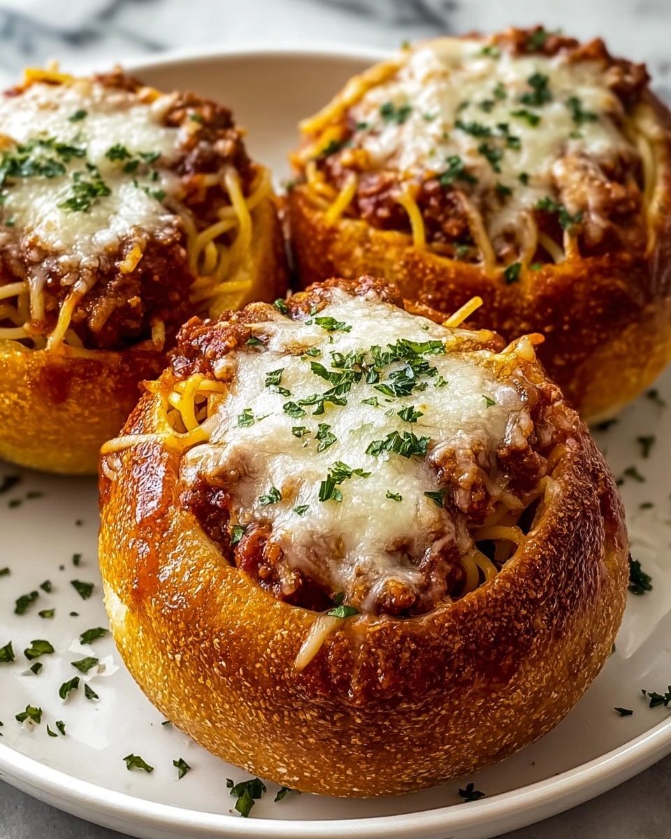 Three golden brown round bread bowls sit closely on a white plate over a white marbled surface. Each bowl is hollowed out and filled with a layer of rich red spaghetti sauce mixed with ground meat, topped with a layer of yellow spaghetti noodles, and finished with a generous layer of melted white cheese sprinkled with small green parsley bits. The bread bowls have a slightly crispy texture with some melted cheese baked on the edges. Small green parsley flakes are scattered around the plate. photo taken with an iphone --ar 4:5 --v 7