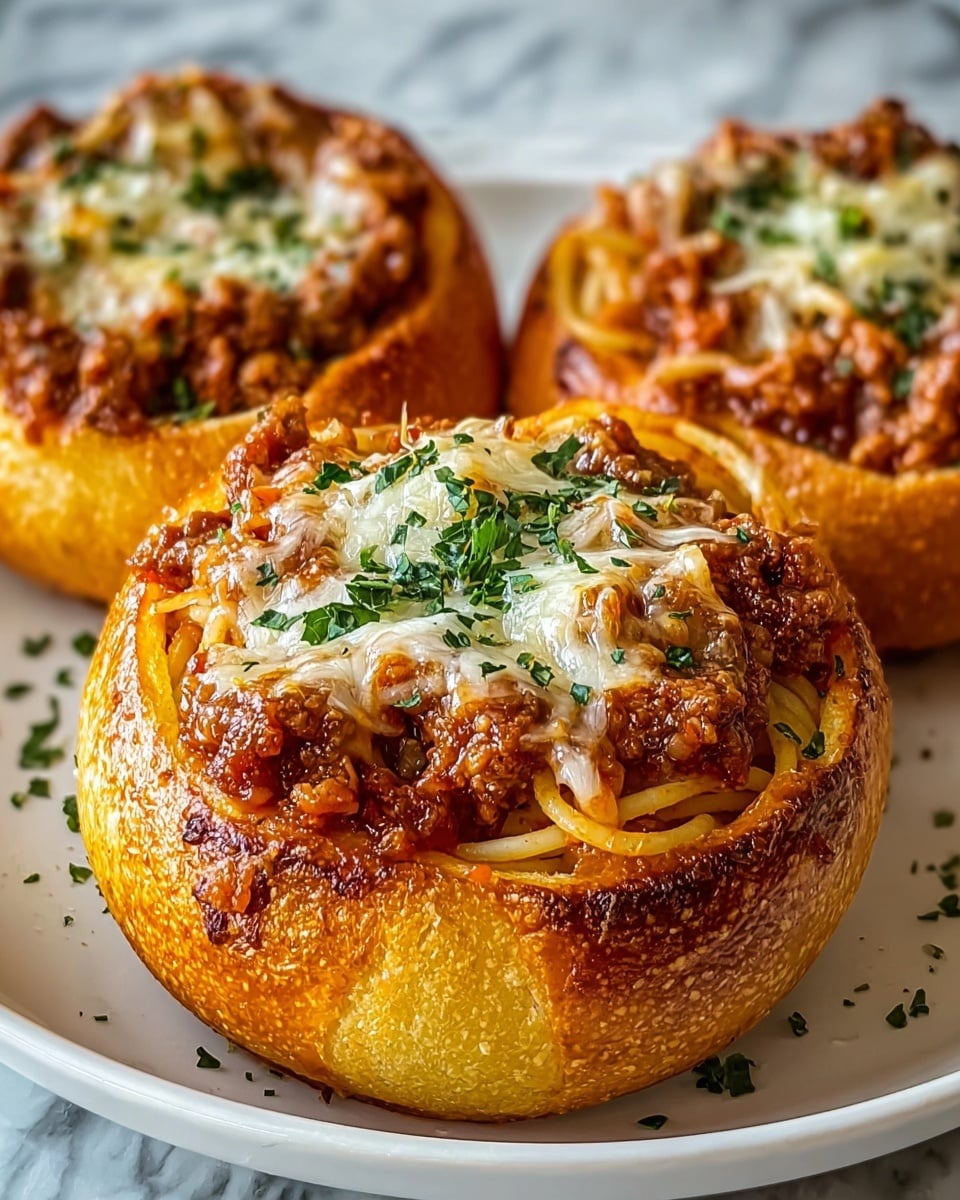 Three hollowed round bread bowls sit on a white plate over a white marbled surface. Each bread bowl has a golden-brown crust with a slightly crispy texture and is filled with a layer of cooked spaghetti mixed with a chunky, rich red-brown meat sauce. On top of the spaghetti is a melted layer of light yellow cheese sprinkled with finely chopped green herbs, giving a fresh touch. The edges of the bread bowls show slight crispiness with some melted cheese stuck to the sides. photo taken with an iphone --ar 4:5 --v 7