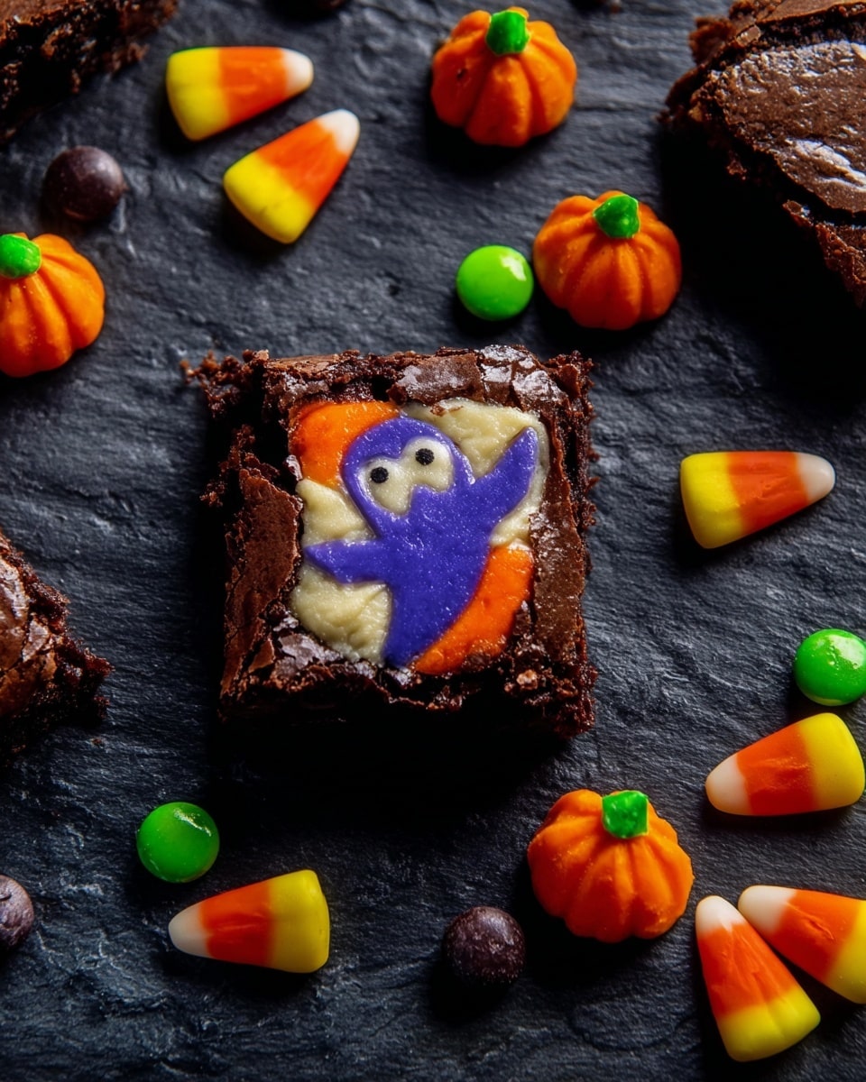 A single square piece of dark brown, cracked chocolate brownie with a cream-colored section on top featuring a colorful ghost design in purple and orange sits directly on a dark surface. Around the brownie piece are scattered candy corn with bright yellow, orange, white, and some dipped in chocolate brown tips, small round green and purple candy pieces, and pumpkin-shaped orange candies with green tops. The surface is a dark slate-like texture contrasting with the vivid colors of the candy and the rich dark brownie. photo taken with an iphone --ar 4:5 --v 7