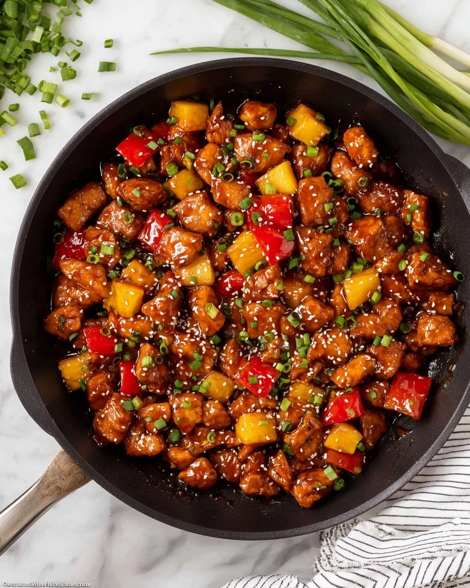 A black skillet filled with a colorful stir-fry dish containing bite-sized chunks of glazed chicken coated in a shiny brown sauce, mixed with golden yellow pineapple pieces and vibrant red bell pepper chunks. The dish is sprinkled with small white sesame seeds and finely chopped green onions, adding texture and color contrast. The skillet rests on a white marbled surface, with fresh green onions lying nearby and the edge of a striped white and black cloth visible at the top right corner. photo taken with an iphone --ar 4:5 --v 7