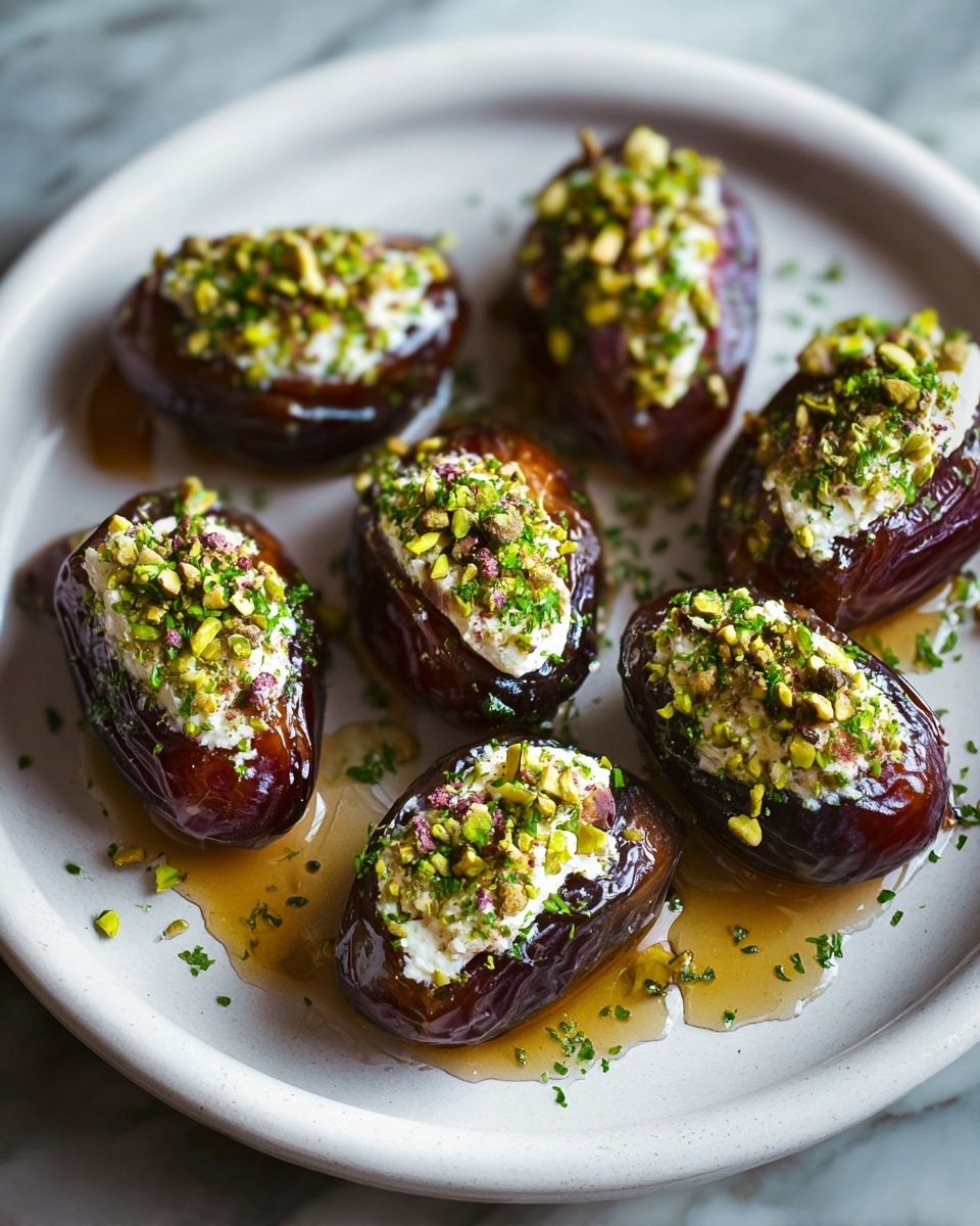 A white plate with seven shiny dark brown dates arranged in two rows, each date filled with a white crumbly cheese layer topped with small pieces of green pistachios and a sprinkling of finely chopped herbs, all glistening with a light honey drizzle that pools slightly on the plate, sitting on a white marbled surface. photo taken with an iphone --ar 4:5 --v 7