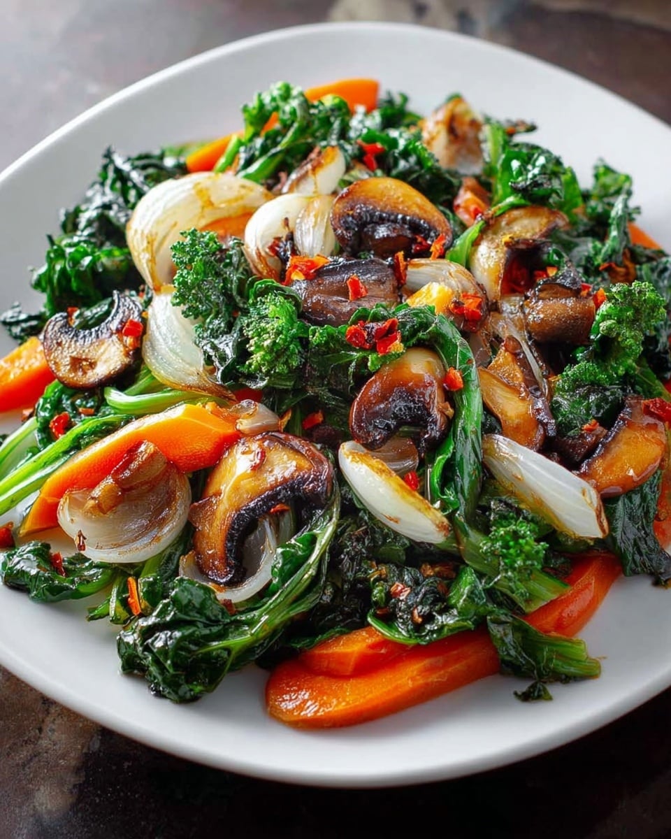 A white plate is filled with a colorful mix of sautéed vegetables, showing about three layers. The bottom layer is made of bright orange carrot slices, thin and slightly curved. On top of that, there are shiny green leafy vegetables that look soft and cooked, spread all over the plate. The top layer includes browned mushroom slices that have a slightly crispy texture and caramelized white onion pieces with golden edges. Some small red chili flakes are scattered across the vegetables, adding tiny spots of color. The plate sits on a white marbled surface. Photo taken with an iphone --ar 4:5 --v 7