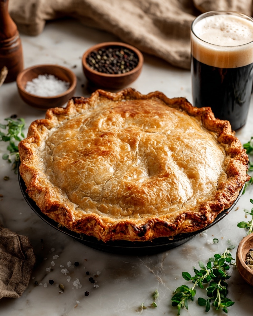 A golden brown pie with a flaky, slightly crackled top crust sits on a black pan. The crust edges are crimped in a ruffled pattern, showing a mix of smooth and textured golden shades. Around the pie on the white marbled surface are small wooden bowls containing whole black peppercorns and coarse salt, along with sprigs of fresh green herbs. To the right, there is a clear glass filled with dark beer topped with a creamy white head. The warm colors of the pie contrast with the natural green herbs and the neutral tones of the bowls and the white marbled texture. photo taken with an iphone --ar 4:5 --v 7