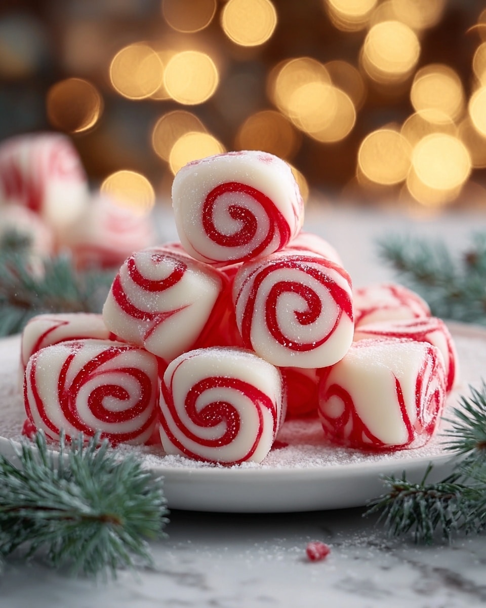 A cluster of red and white swirl peppermint candies stacked in a pyramid shape on a white plate dusted lightly with powdered sugar, each candy showing a glossy smooth texture with bright white and vibrant red swirls spiraling around them; surrounding the plate are frosty green pine branches and blurred warm yellow lights in the background adding a cozy, festive feel; the focus is sharp on the candies, with soft bokeh lights enhancing the holiday atmosphere, all set on a white marbled surface photo taken with an iphone --ar 4:5 --v 7