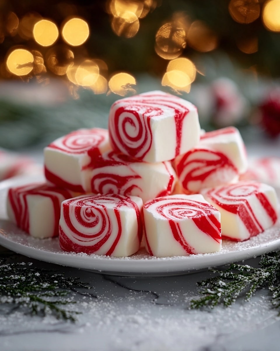 A close-up view of a small pile of soft, square marshmallows with rounded edges, each covered in red and white swirls in a spiral pattern. The marshmallows have a smooth and slightly shiny texture, mostly white with bright red stripes twisting around each piece. They are stacked on a white plate that rests on a white marbled surface lightly dusted with fine white powder. Around the plate, there are green pine branches dusted with a touch of white, adding a festive feel, and blurred warm yellow lights bokeh in the background creating a cozy, holiday atmosphere. Photo taken with an iphone --ar 4:5 --v 7