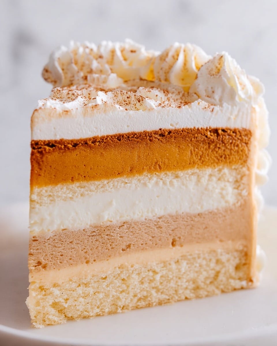 This is a close-up of a cake slice with five clear layers, each distinct. The bottom layer is a light beige sponge cake with a soft, crumbly texture. Above it is a thicker, darker beige cake layer that looks denser. The middle layer is thin and creamy white, smooth and soft in texture. Next is a thick, rich orange layer that appears dense and smooth. On top is a thick white cream layer with fluffy piped cream swirls along the edge, topped with a light sprinkle of a brown spice. The cake slice sits on a white plate against a white marbled background. photo taken with an iphone --ar 4:5 --v 7