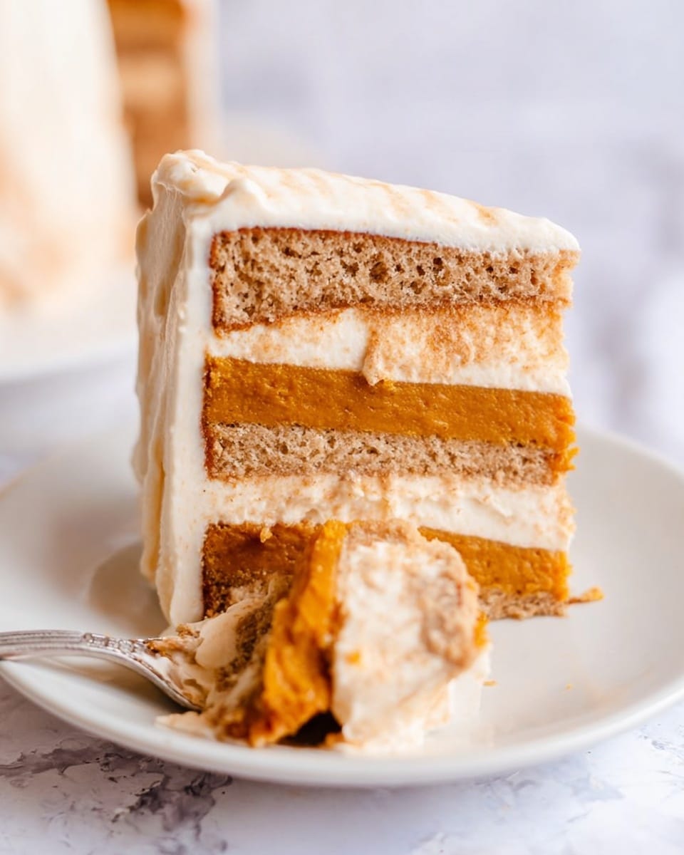 The image shows a slice of layered cake on a white plate with a white marbled texture background. The cake has four layers: a thick creamy white frosting layer on the outside, a dense light brown spongy cake layer next, a thick orange pumpkin-like filling layer, and another creamy white frosting layer in the middle. The frosting is smooth and creamy, with a slight texture. There is a fork in front of the cake holding a piece with the orange and brown layers visible. The overall look is soft and moist with a clean, appetizing presentation. Photo taken with an iphone --ar 4:5 --v 7