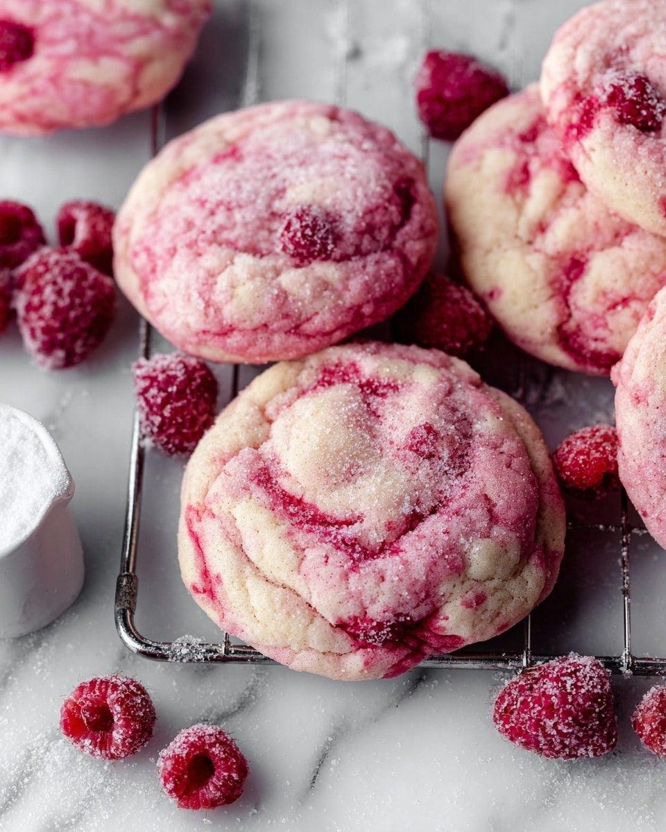 The image shows several soft, round cookies with a pale pink base color swirled with darker pink and red spots, giving them a marbled look. The cookies have a slightly crumbly texture with a light dusting of granulated sugar on top that glistens under the light. They are placed on a silver cooling rack over a white marbled surface, and scattered around them are small frozen raspberries with a frosty coating. To the side, there is a small white measuring cup partially filled with sugar, adding to the baking atmosphere. photo taken with an iphone --ar 4:5 --v 7