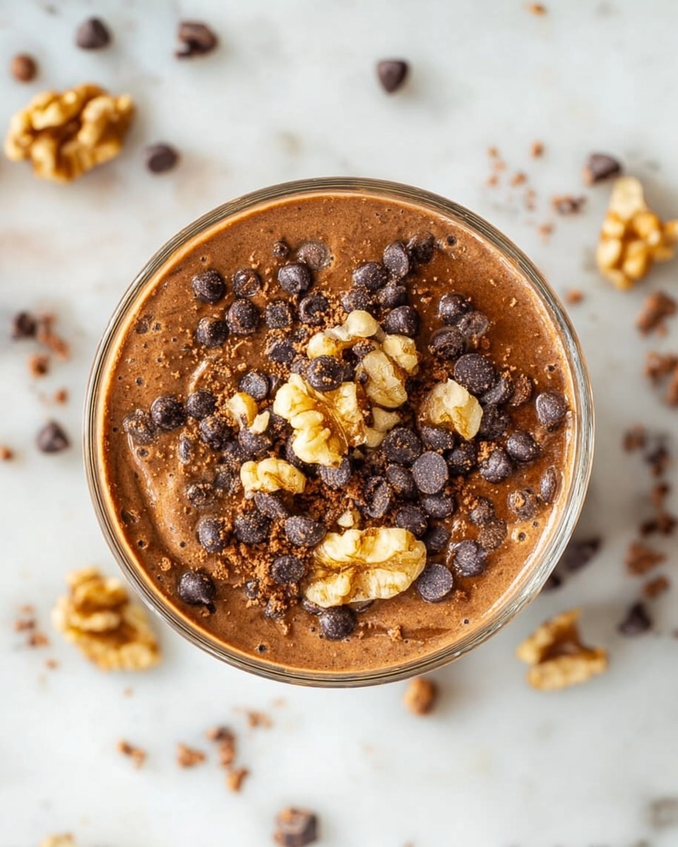 A close-up top view of a clear glass filled with a thick, chocolatey brown mixture, topped with a layer of whole dark chocolate chips and large, uneven pieces of light brown walnuts. The surface texture of the mixture looks smooth but slightly grainy, with small crumbs sprinkled lightly on top. The glass sits on a white marbled surface with scattered chocolate chips and walnut pieces around it, creating a cozy and natural feel. photo taken with an iphone --ar 4:5 --v 7