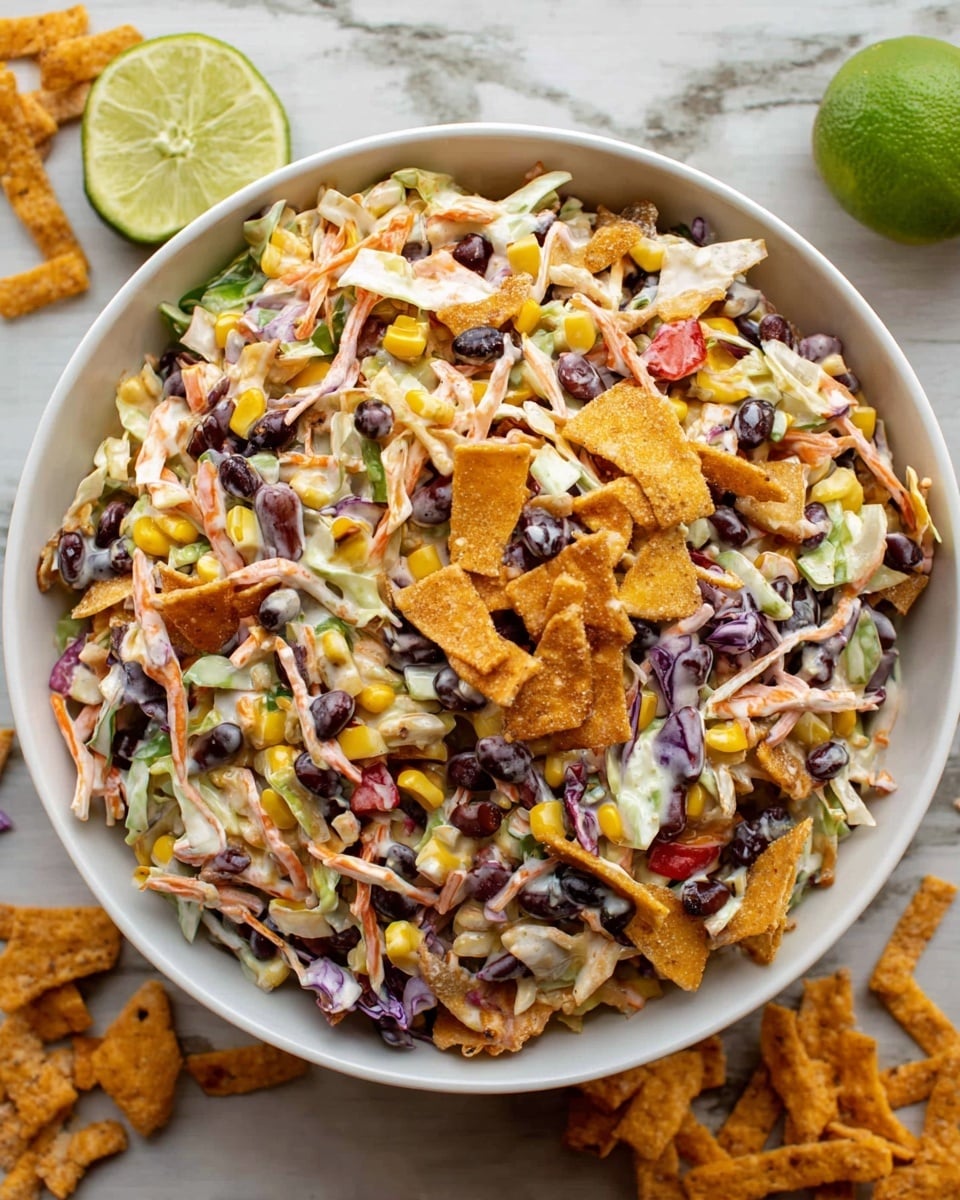 A large white bowl filled with a colorful salad showing many layers: shredded white and purple cabbage forming the base, mixed with bright yellow corn kernels, black beans, diced green and red peppers, and thin orange carrot strips. Scattered on top are a few broken pieces of orange crunchy chips, adding texture. The salad seems to be coated in a creamy dressing that lightly glistens on the ingredients. Around the bowl on a white marbled surface, there is a half green lime and some more orange chips. Photo taken with an iphone --ar 4:5 --v 7