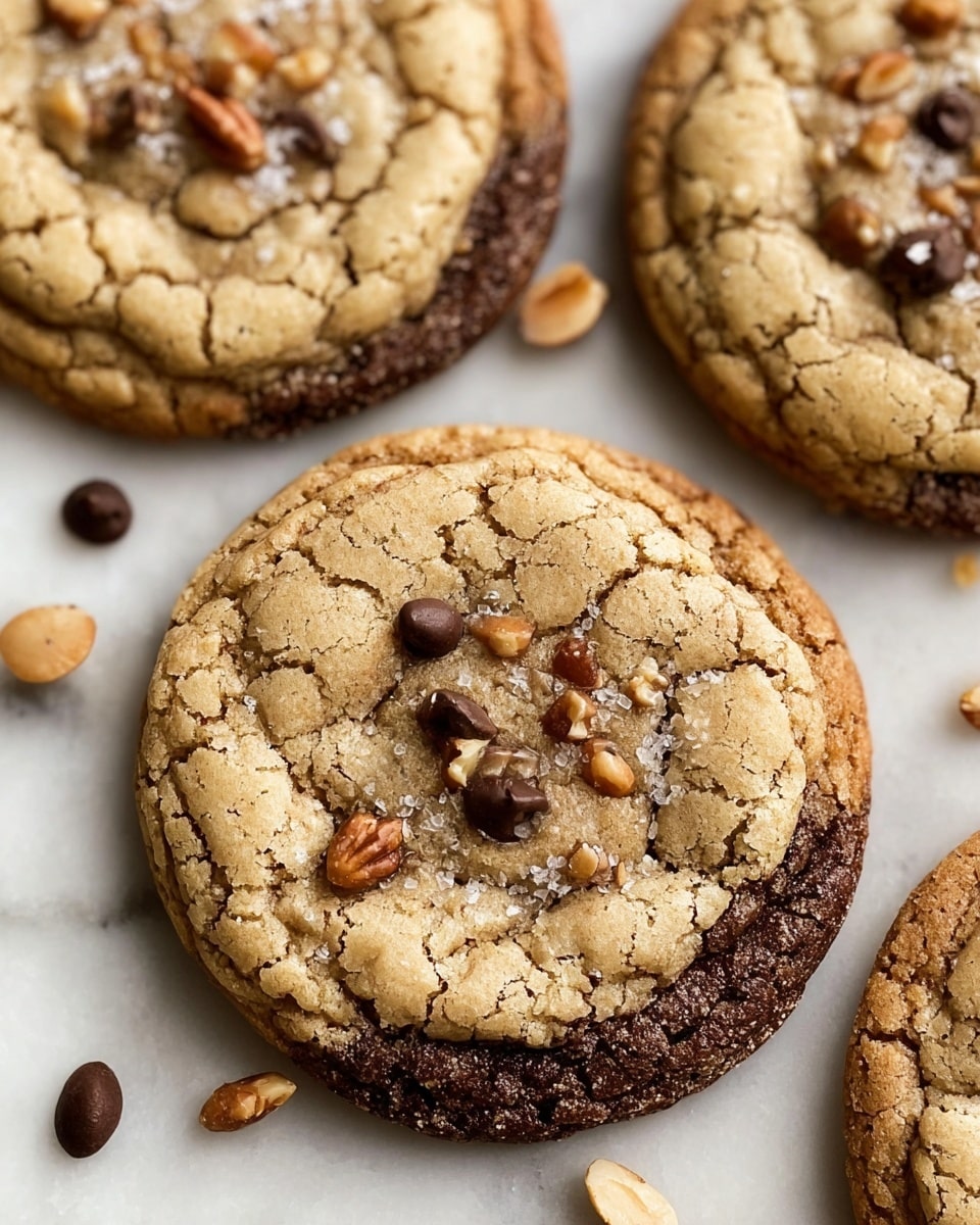 The image shows a close-up of four cookies baked on a white marbled surface, with one cookie in full view in the center. Each cookie has a rough, cracked texture on top, with a mix of light brown and dark brown colors. There are small dark chocolate chips and nut pieces scattered across the top layer of the cookies, adding texture and color contrast. The edges of the cookies are darker and slightly crispy, while the centers are softer and puffed up. Some nuts and coffee bean-shaped chocolate pieces are scattered around the cookies on the surface. photo taken with an iphone --ar 4:5 --v 7