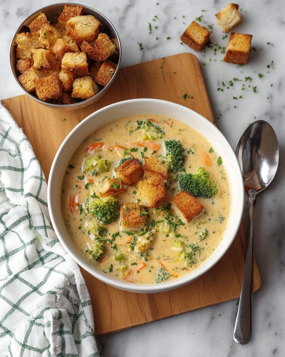 A white bowl filled with creamy broccoli cheese soup showing visible pieces of green broccoli and shredded orange carrots in a light beige creamy base, topped with golden-brown crispy croutons sprinkled with chopped green herbs, placed on a wooden board. Next to the bowl, there is a small silver bowl filled with more golden-brown croutons, and a silver spoon rests on a white marbled surface. A white cloth with green checkered lines is casually placed in the background. photo taken with an iphone --ar 4:5 --v 7
