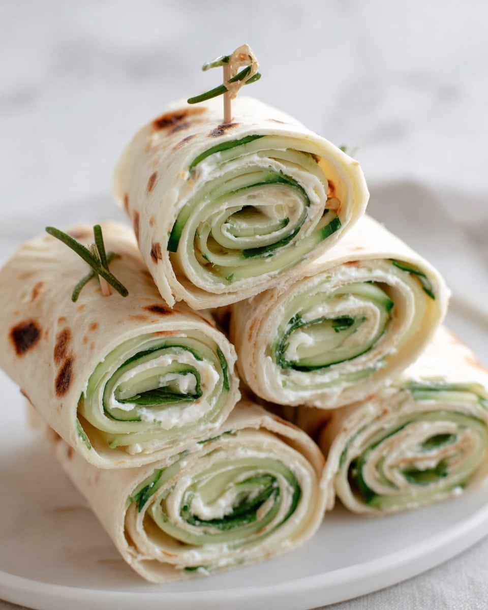 A stack of five pinwheel sandwiches is shown, each made from a light beige flatbread rolled around thin, pale green cucumber slices and white creamy spread. Each roll is held together with a small wooden toothpick that has a green herb tip. The sandwiches have a soft texture and slightly browned spots on the flatbread, with layers visible from the spiral shape. They are arranged on a white plate set on a white marbled surface. Photo taken with an iphone --ar 4:5 --v 7