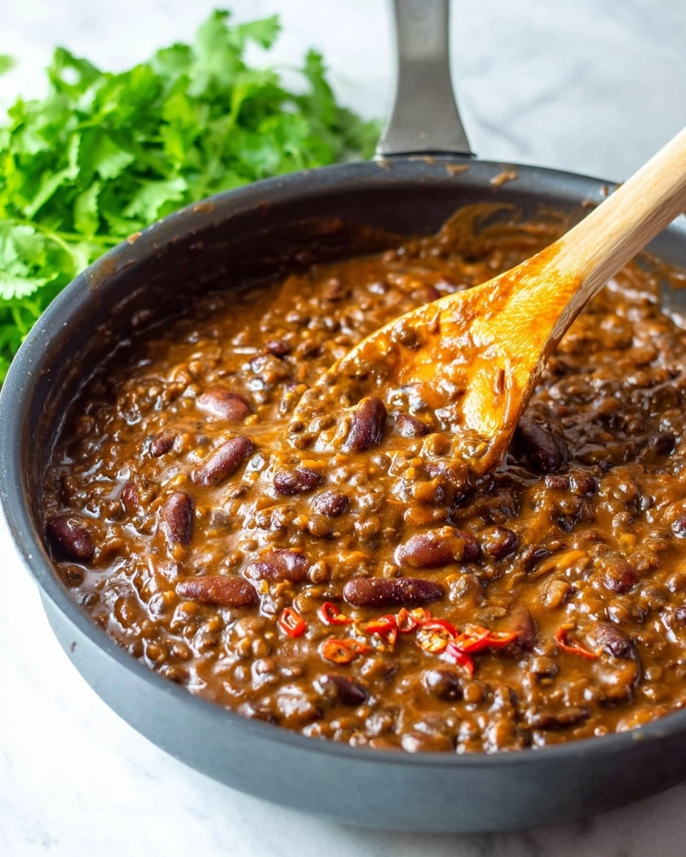 A black skillet filled with a thick, creamy brown stew with visible dark kidney beans, small round lentils, and sliced red chili peppers spread evenly throughout. A wooden spoon with orange-colored sauce stains is resting inside the skillet, partially lifting the stew to show its dense texture. In the background, out of focus, there is a bunch of fresh green cilantro sitting on a white marbled surface. The overall scene has warm, rich colors with the stew as the main focus. photo taken with an iphone --ar 4:5 --v 7
