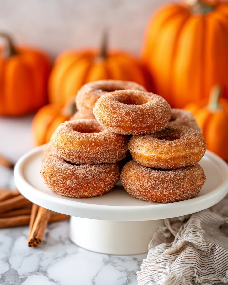 A white cake stand holds a stack of seven round, thick donuts coated evenly with granulated sugar and cinnamon, giving them a grainy light brown textured surface. The donuts are arranged casually, with some edges slightly overlapping. In the background, blurred bright orange pumpkins and cinnamon sticks add an autumn feel, all set on a white marbled surface. A striped white cloth with a brown cinnamon stick peeks out at the base of the cake stand. photo taken with an iphone --ar 4:5 --v 7