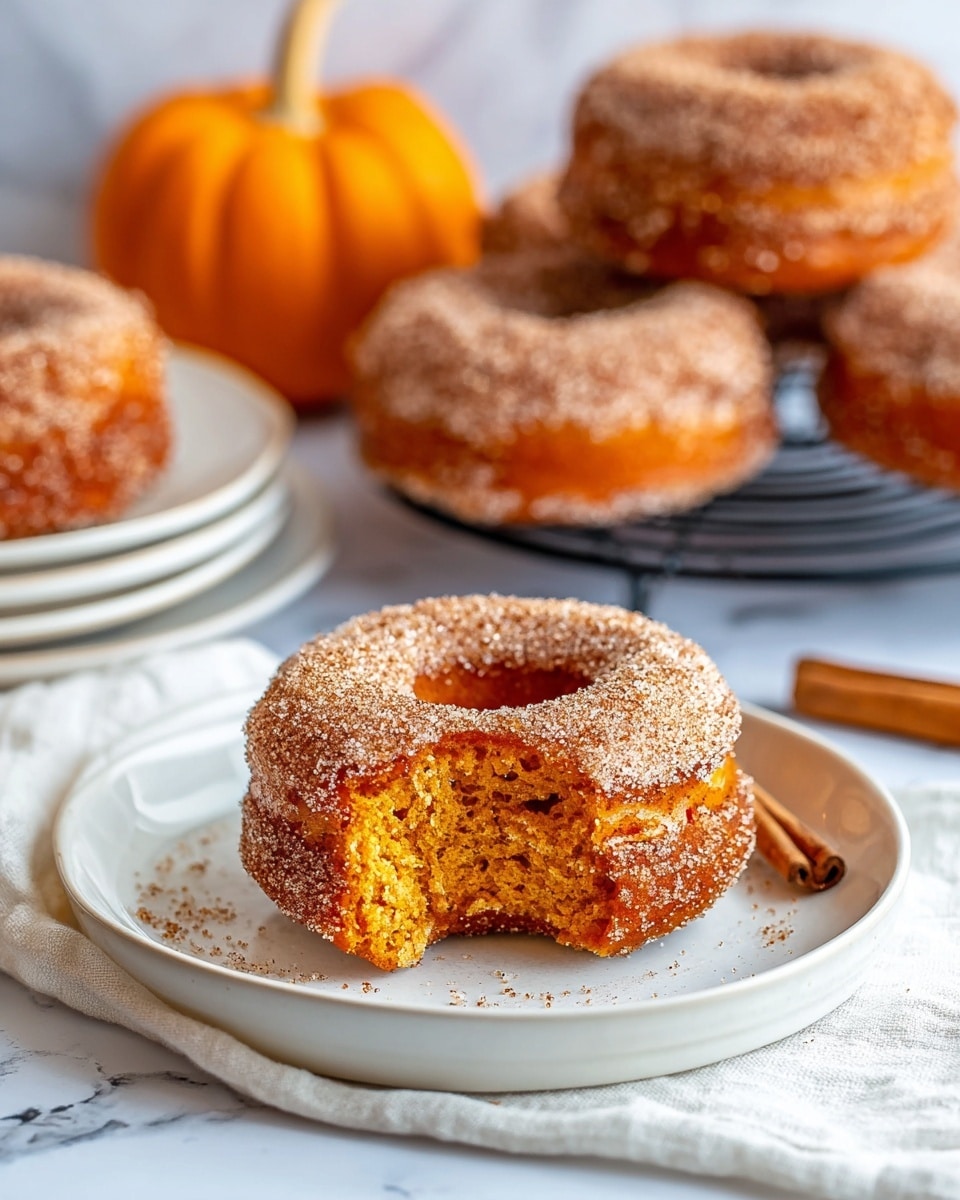 A single donut sits on a white plate on a white marbled surface with a light cloth underneath; the donut has two visible layers with a golden brown outer layer covered in a coarse sugar and cinnamon coating, and a soft, moist orange inner layer that is exposed by a large bite on one side. In the background, there are more donuts on a black wire rack and a white plate, all with the same two-layer look and sugar coating, and an orange pumpkin adds a warm color touch. A cinnamon stick lies on the right side of the plate, enhancing the cozy feel. Photo taken with an iphone --ar 4:5 --v 7