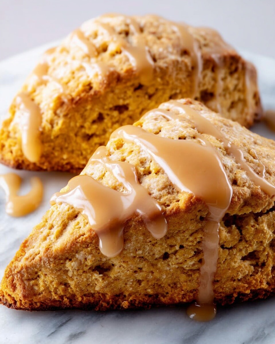 The image shows two triangular scones with a rough, crumbly texture and a golden brown color. Each scone has a thick, smooth glaze drizzled on top, in a light caramel shade that contrasts with the darker baked surface. The scones are placed close together on a white marbled surface, highlighting their rustic and fresh-baked look. The photo is taken with an iphone --ar 4:5 --v 7