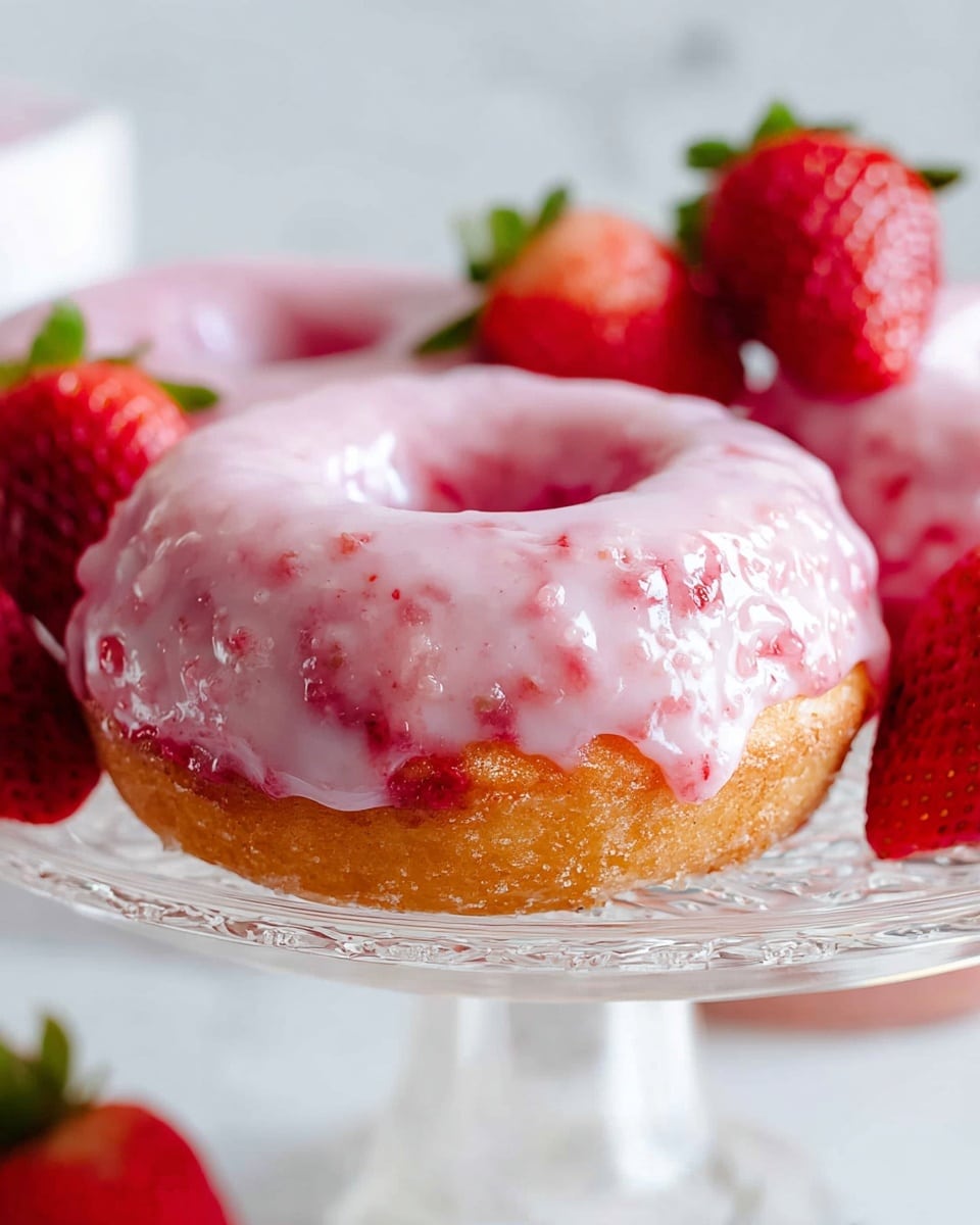 A close-up of a pink frosted donut with a glossy, slightly bumpy glaze that covers the entire top and sides, showing hints of red strawberry bits inside the glaze, sitting on a white detailed glass cake stand. The donut has a soft, slightly golden brown base under the pink layer. Fresh red strawberries with green leaves are placed around the donut on the cake stand. The background is a soft white marbled texture, giving a clean and bright look. Photo taken with an iphone --ar 4:5 --v 7