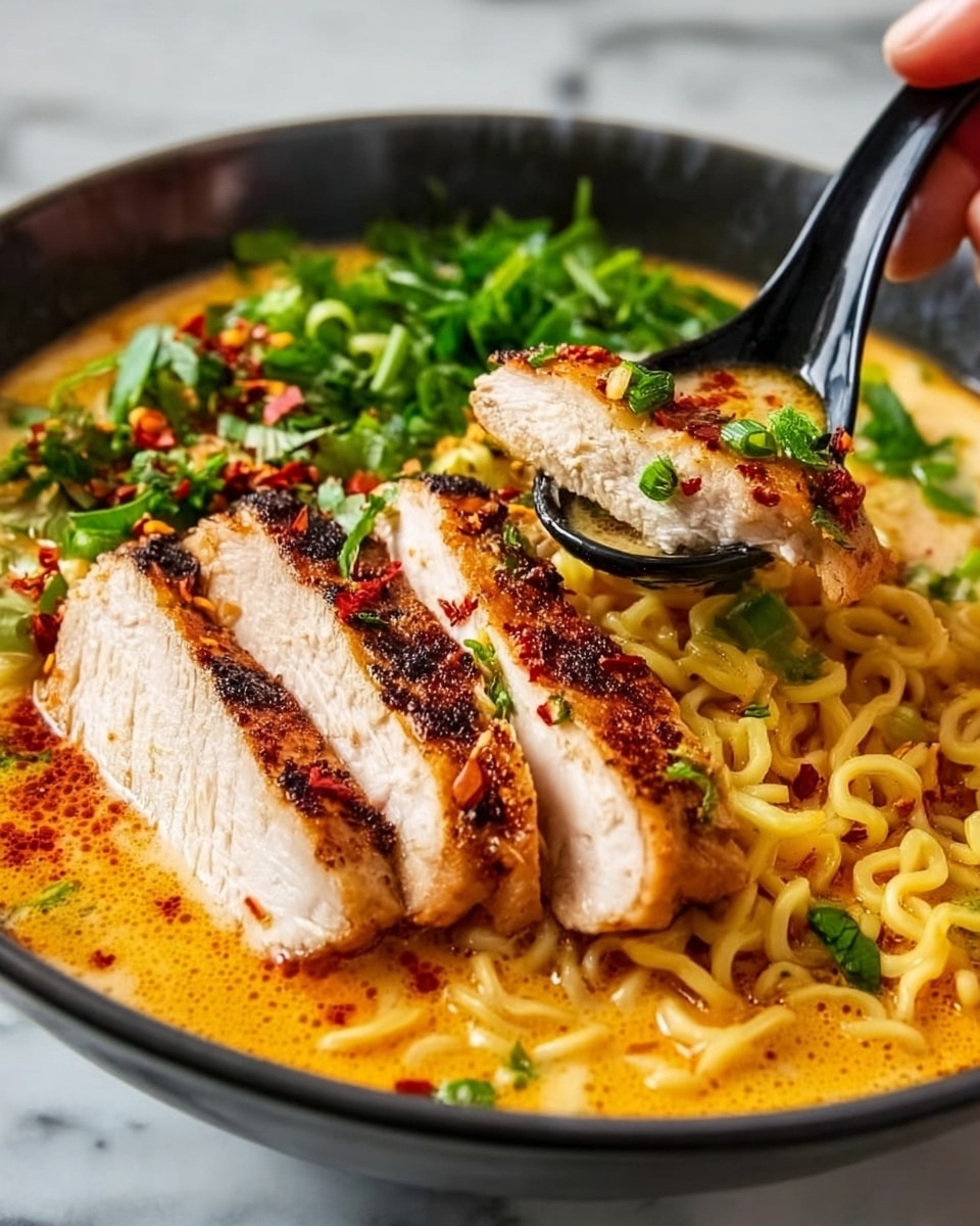 A bowl filled with creamy orange broth contains yellow ramen noodles on one side and three thick slices of grilled chicken breast on top, showing white and juicy meat with a slightly charred, brown crust sprinkled with red chili flakes. On the opposite side, there is a bunch of fresh green chopped herbs and scallions. A black spoon is lifting one chicken slice, held by a woman's hand, all placed on a white marbled surface. photo taken with an iphone --ar 4:5 --v 7