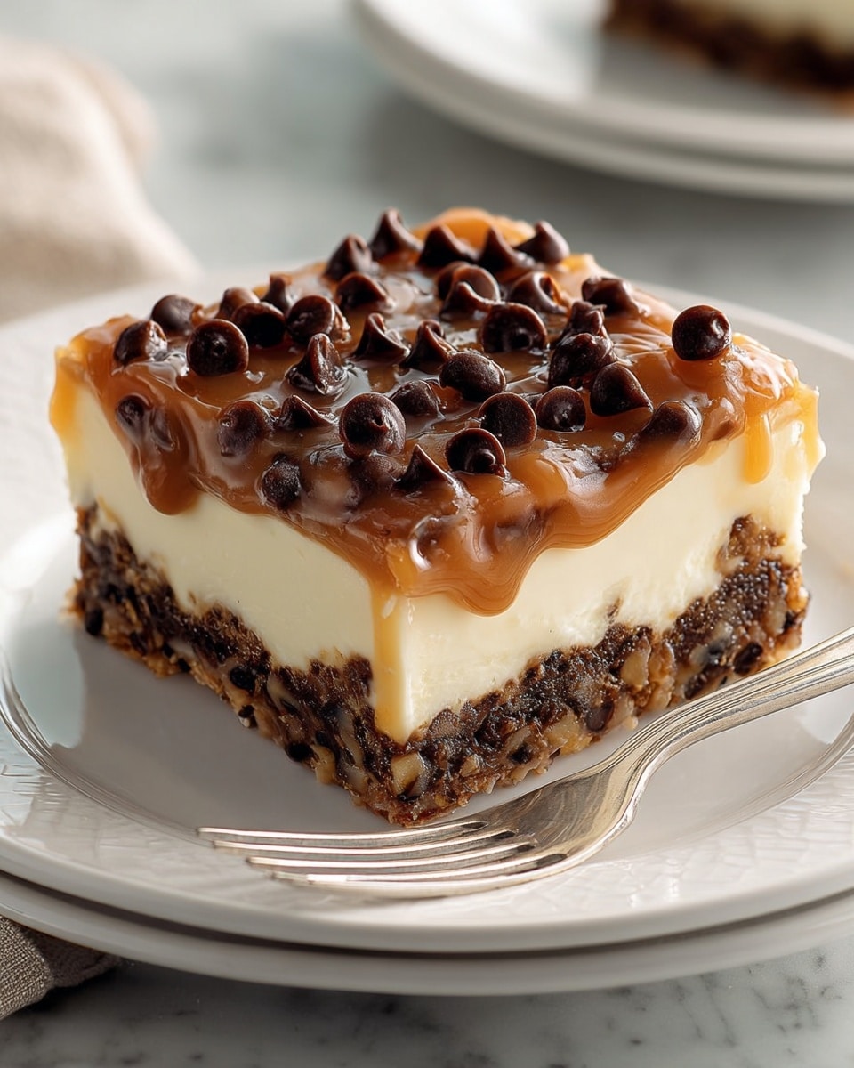 The image shows a square piece of dessert on a white plate with a fork beside it. The dessert has three main layers: the bottom layer is dark brown and nutty with a rough texture, the middle layer is thick and smooth with a creamy white color, and the top layer consists of a glossy caramel-like sauce covered with scattered dark brown chocolate chips. The edges of the dessert are golden brown, slightly crispy, adding a nice contrast to the creamy center. The plate sits on a white marbled surface with another empty white plate blurred in the background. Photo taken with an iphone --ar 4:5 --v 7