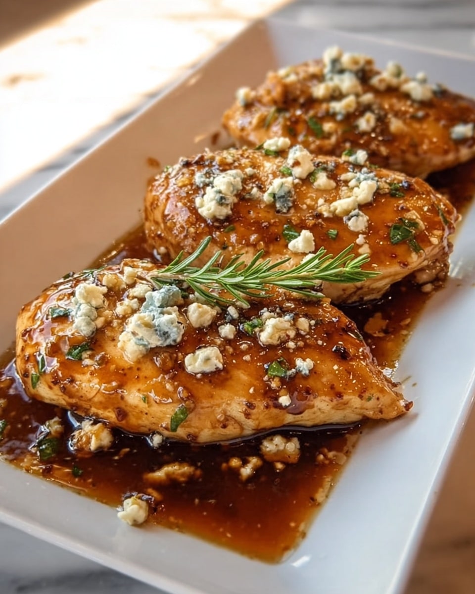 The dish shows three pieces of cooked chicken breast placed side by side on a white rectangular plate. Each piece is covered with a shiny, golden-brown glaze that looks sticky and sweet, with small bits of green herbs scattered on top. Crumbled white cheese with blue veins is dotted over the chicken, adding texture and color contrast. A small green sprig, possibly rosemary, rests centrally on the front piece, giving a fresh touch. The chicken pieces sit in a shallow pool of dark brown sauce, which adds depth and shine. The whole scene is set on a white marbled surface with a warm, natural light highlighting the juicy, glistening texture of the chicken. photo taken with an iphone --ar 4:5 --v 7