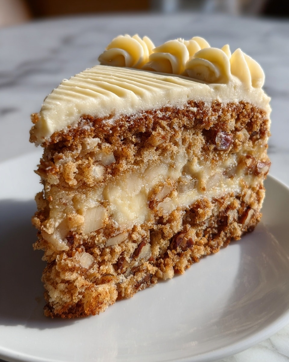 A close-up of a single slice of cake on a white plate placed on a white marbled surface. The cake has three visible layers: the bottom and top layers are a rough-textured, golden-brown crumb cake with bits of nuts or fruit, while the middle layer is a lighter, creamy filling with chunky pieces inside. The top of the cake is covered with a thick, creamy icing that has decorative swirls along the edge. The sunlight highlights the moist texture and color contrast between the crumb and creamy layers. Photo taken with an iphone --ar 4:5 --v 7
