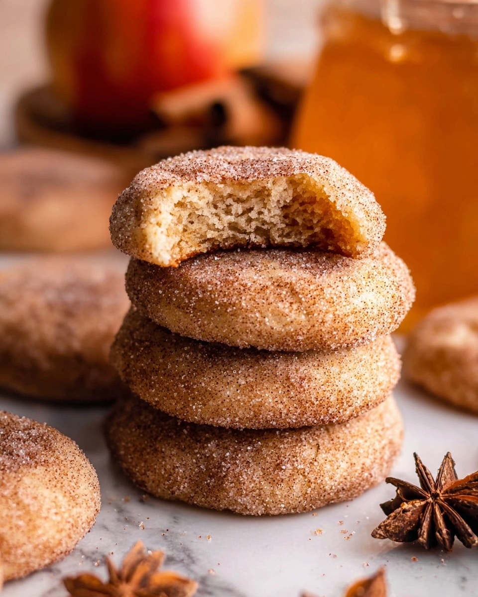 A stack of four round cookies with a light brown color and a sugar and cinnamon coating on top, the top cookie has a bite taken out showing a soft, lighter beige inside; the cookies have a slightly rough texture and are placed on a white marbled surface. Around the stack, there are more cookies spread out, star anise pods near the base of the stack, and blurred elements in the background including an orange-red apple and a glass jar filled with amber honey. Photo taken with an iphone --ar 4:5 --v 7