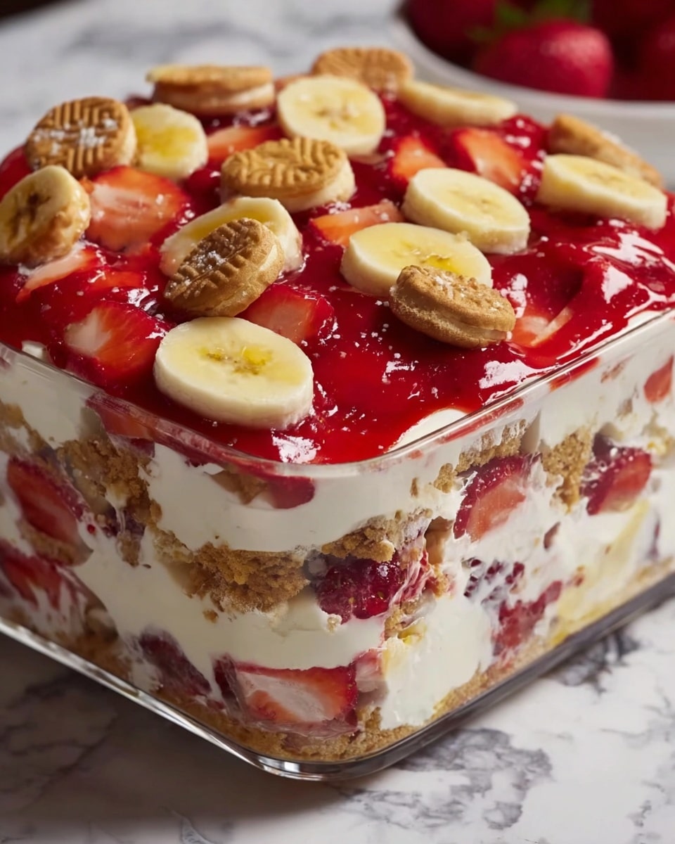 A clear glass dish holds a layered dessert with four visible layers: the bottom layer is a coarse, golden graham cracker crust; above it is a creamy white layer filled with whole and sliced strawberries; the next layer is thick white cream mixed with more strawberries; the top is a glossy bright red strawberry sauce with sliced bananas and whole golden vanilla wafers arranged on top. The dessert looks rich and creamy with juicy strawberry pieces visible inside, all placed on a surface with a white marbled texture. photo taken with an iphone --ar 4:5 --v 7