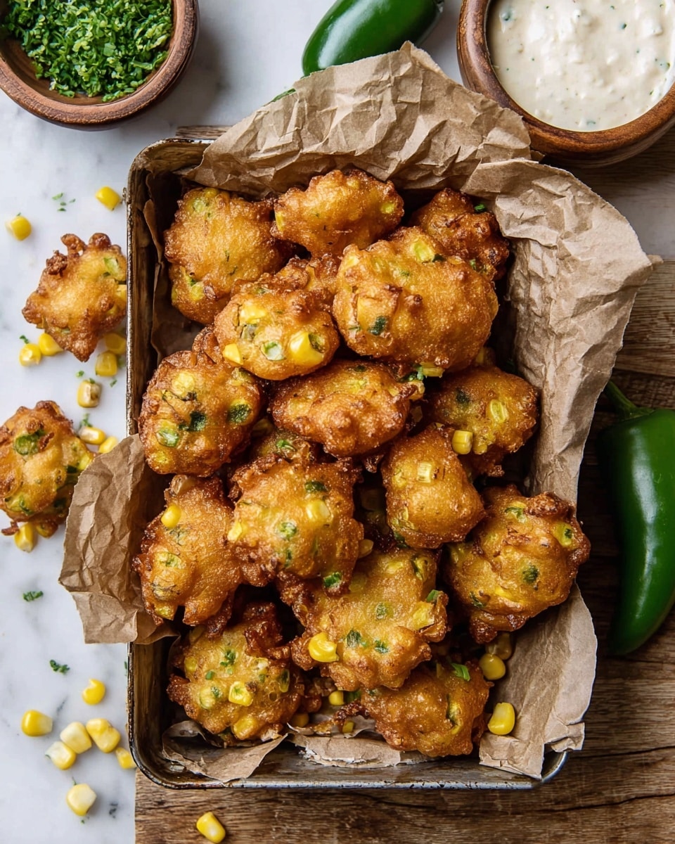 A metal tray lined with crumpled brown parchment paper holds a pile of golden-brown fried corn fritters. Each fritter is roughly round with a textured, crispy exterior showing bits of green herbs and yellow corn kernels inside. Scattered loose corn pieces surround the fritters inside the tray and on the white marbled surface beneath. To the right, there is a wooden bowl filled with creamy white dipping sauce with a smooth texture. In the top left corner, a small wooden bowl holds finely chopped green herbs, and two green chili peppers are placed near the top right. Photo taken with an iphone --ar 4:5 --v 7