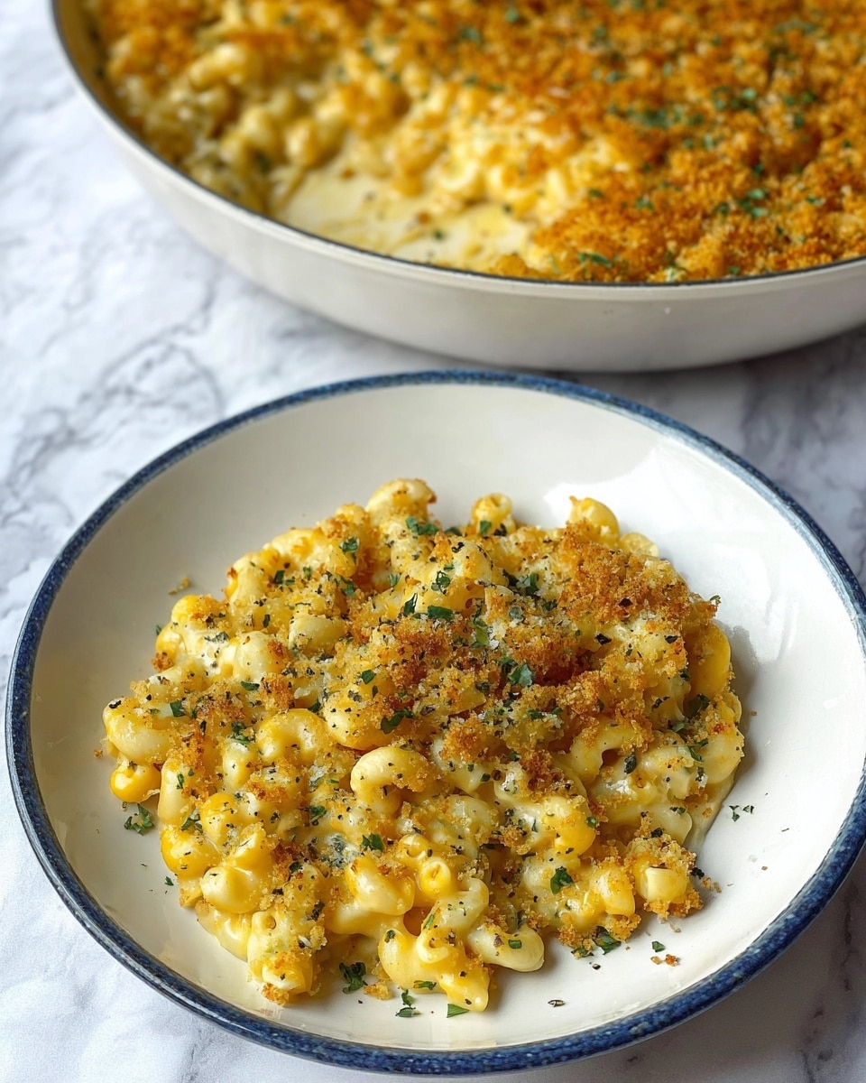 A close-up of creamy macaroni and cheese served in a white bowl with a thin blue rim, showing one thick layer of elbow pasta coated in a rich, smooth yellow cheese sauce, topped with a golden brown breadcrumb crust sprinkled with finely chopped green herbs and black pepper. Behind the bowl is a large white pan filled with a thicker layer of the same macaroni and cheese, also topped with the golden breadcrumb crust, all placed on a white marbled surface. photo taken with an iphone --ar 4:5 --v 7
